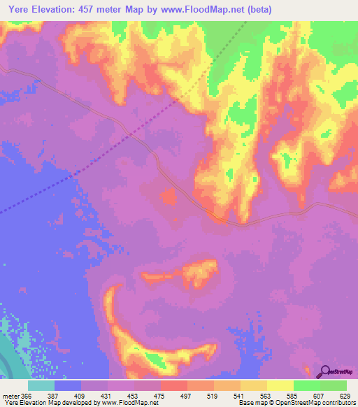 Yere,Central African Republic Elevation Map