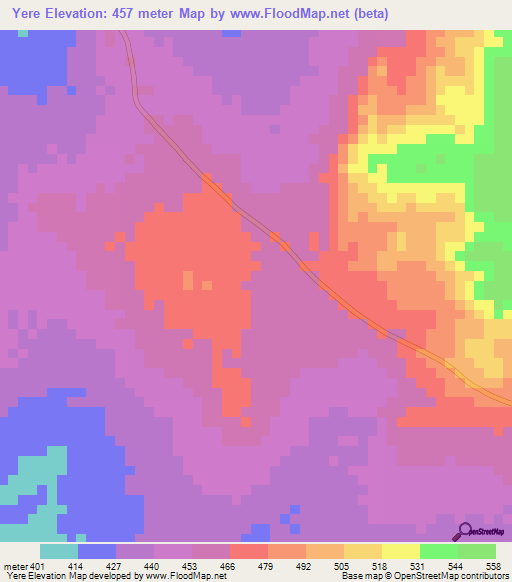 Yere,Central African Republic Elevation Map