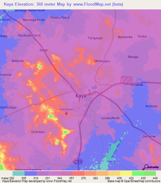 Kaya,Burkina Faso Elevation Map