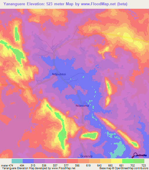 Yananguere,Central African Republic Elevation Map