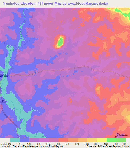 Yamindou,Central African Republic Elevation Map