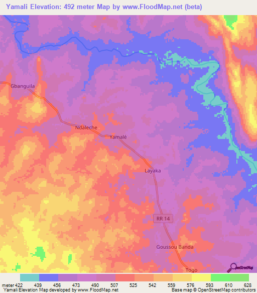 Yamali,Central African Republic Elevation Map
