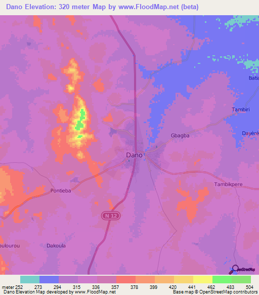 Dano,Burkina Faso Elevation Map