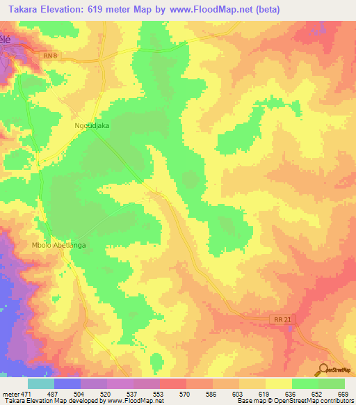 Takara,Central African Republic Elevation Map