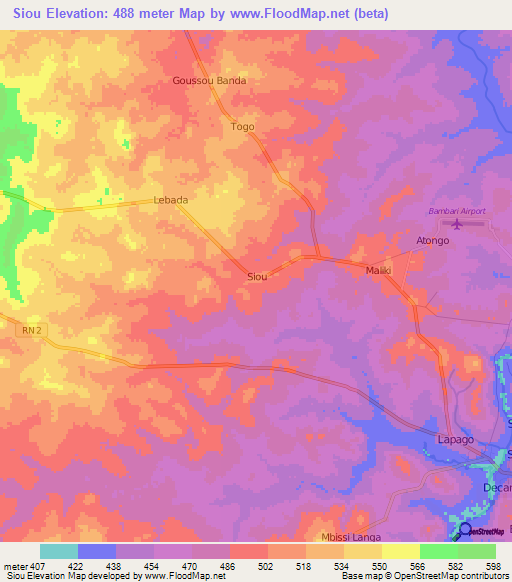 Siou,Central African Republic Elevation Map