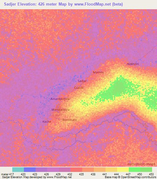 Sadjer,Central African Republic Elevation Map
