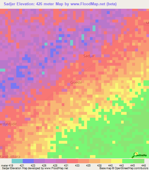 Sadjer,Central African Republic Elevation Map