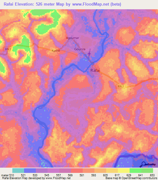 Rafai,Central African Republic Elevation Map