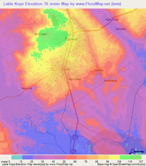 Lable Kope,Togo Elevation Map