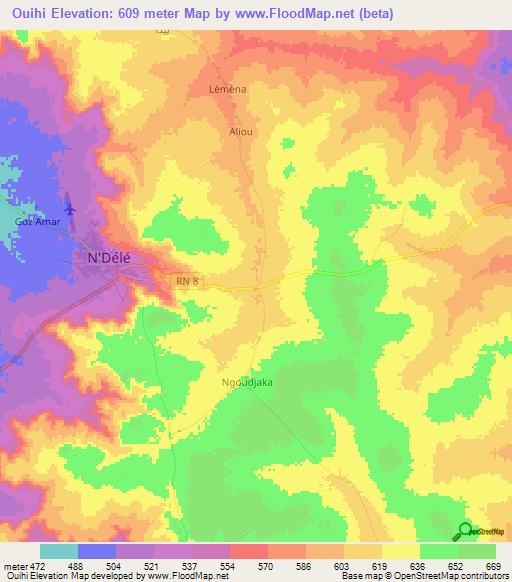 Ouihi,Central African Republic Elevation Map