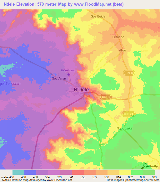 Ndele,Central African Republic Elevation Map