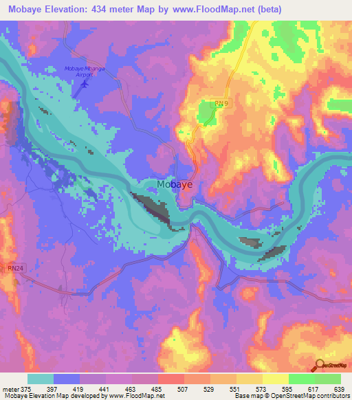 Mobaye,Central African Republic Elevation Map
