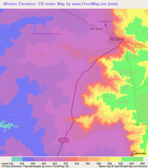Mindou,Central African Republic Elevation Map