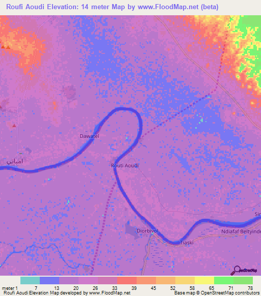 Roufi Aoudi,Mauritania Elevation Map