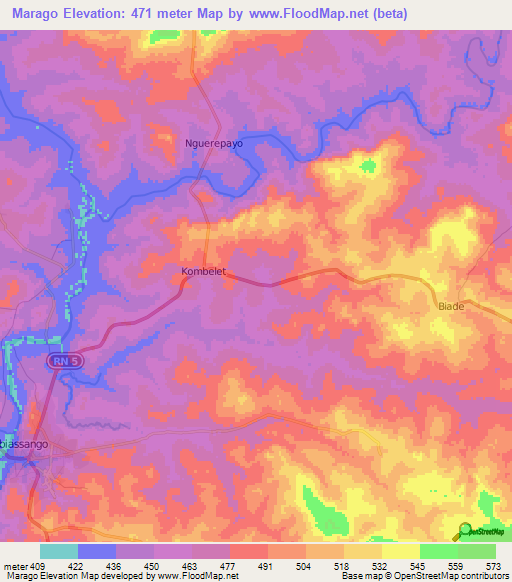 Marago,Central African Republic Elevation Map