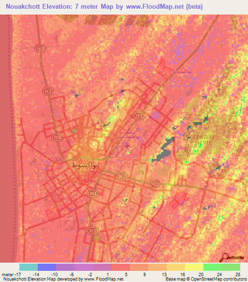 Nouakchott,Mauritania Elevation Map