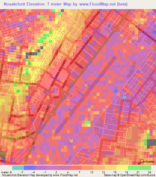 Nouakchott,Mauritania Elevation Map