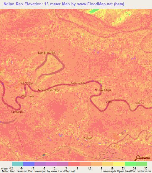 Ndiao Reo,Mauritania Elevation Map