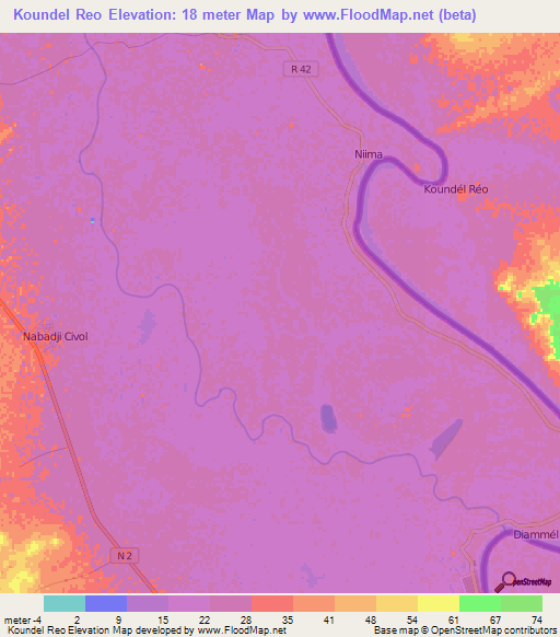 Koundel Reo,Mauritania Elevation Map