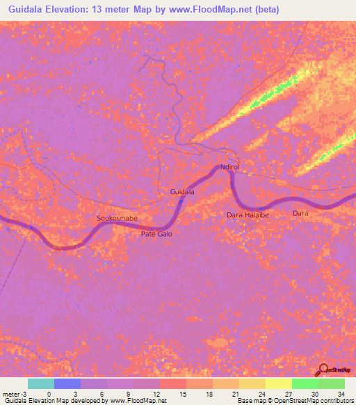Guidala,Mauritania Elevation Map