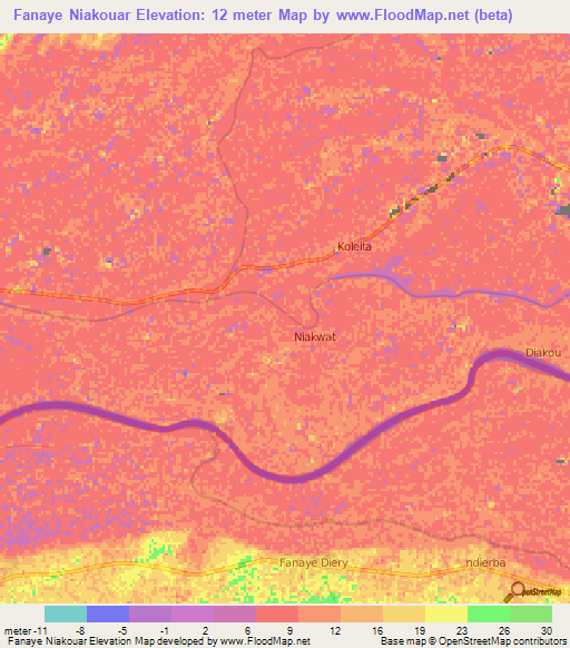 Fanaye Niakouar,Mauritania Elevation Map