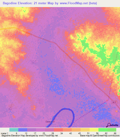 Bagodine,Mauritania Elevation Map