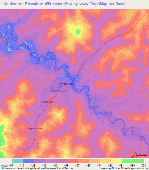 Koukourou,Central African Republic Elevation Map