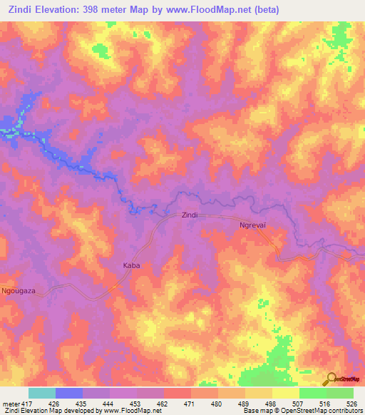 Zindi,Central African Republic Elevation Map