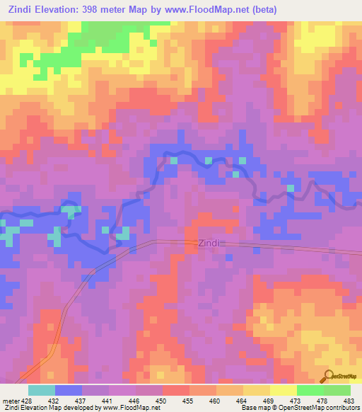 Zindi,Central African Republic Elevation Map