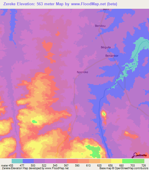 Zereke,Central African Republic Elevation Map