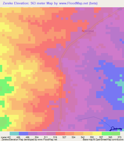 Zereke,Central African Republic Elevation Map