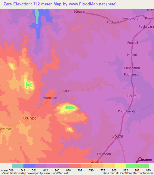 Zara,Central African Republic Elevation Map
