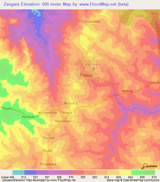 Zangara,Central African Republic Elevation Map