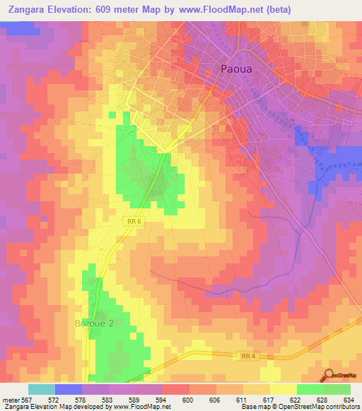 Zangara,Central African Republic Elevation Map