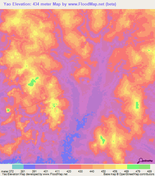 Yao,Central African Republic Elevation Map