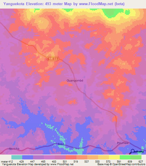 Yanguekota,Central African Republic Elevation Map