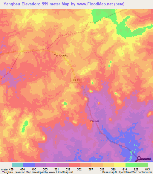 Yangbeu,Central African Republic Elevation Map