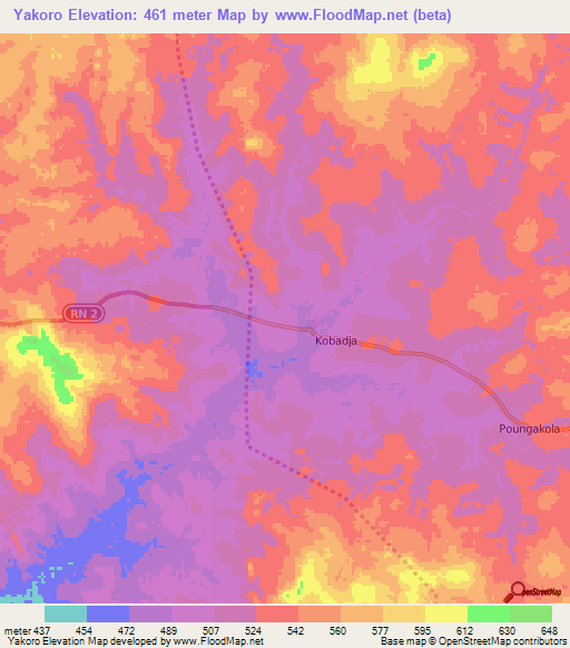 Yakoro,Central African Republic Elevation Map