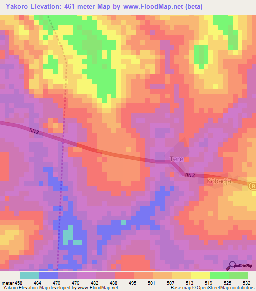 Yakoro,Central African Republic Elevation Map