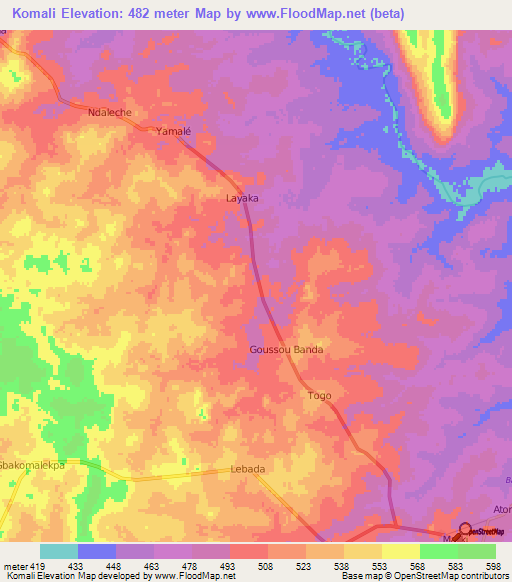 Komali,Central African Republic Elevation Map