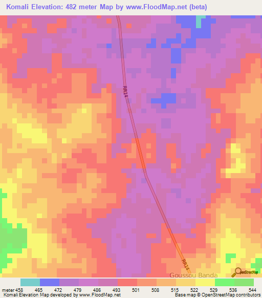 Komali,Central African Republic Elevation Map
