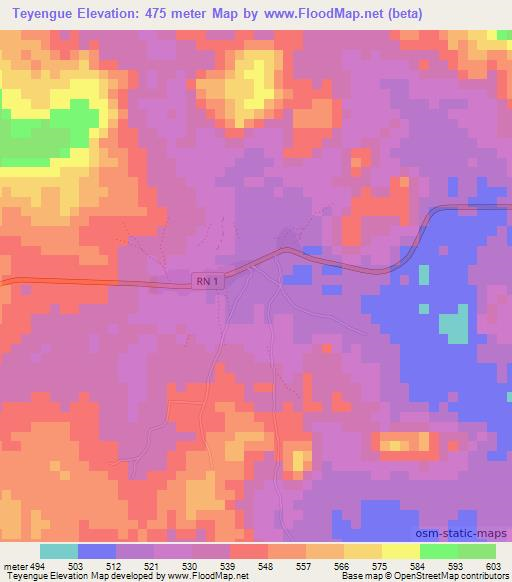 Teyengue,Central African Republic Elevation Map
