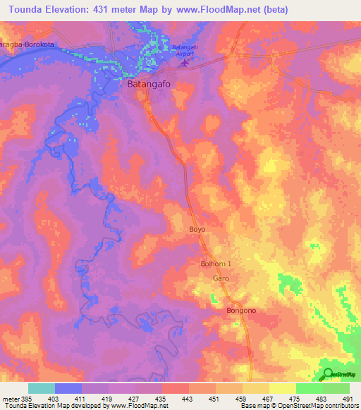 Tounda,Central African Republic Elevation Map