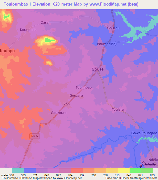 Touloumbao I,Central African Republic Elevation Map