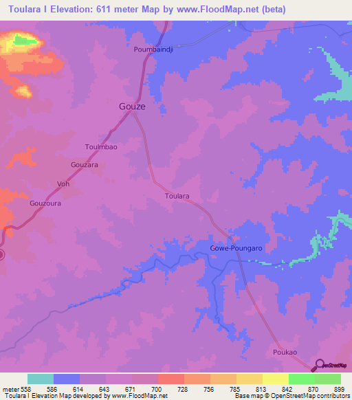 Toulara I,Central African Republic Elevation Map
