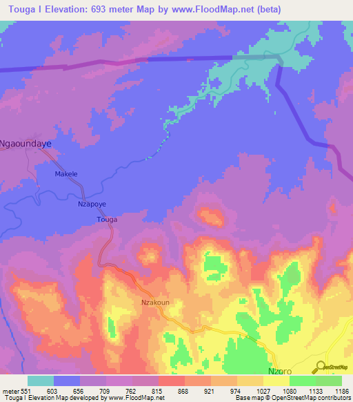 Touga I,Central African Republic Elevation Map