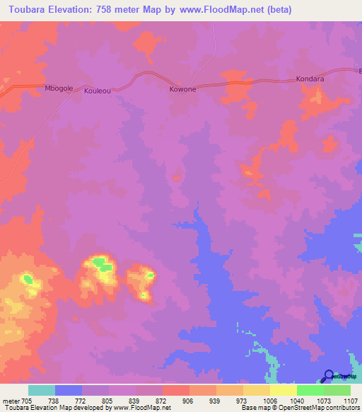Toubara,Central African Republic Elevation Map