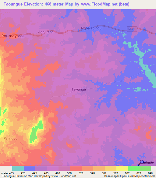 Taoungue,Central African Republic Elevation Map
