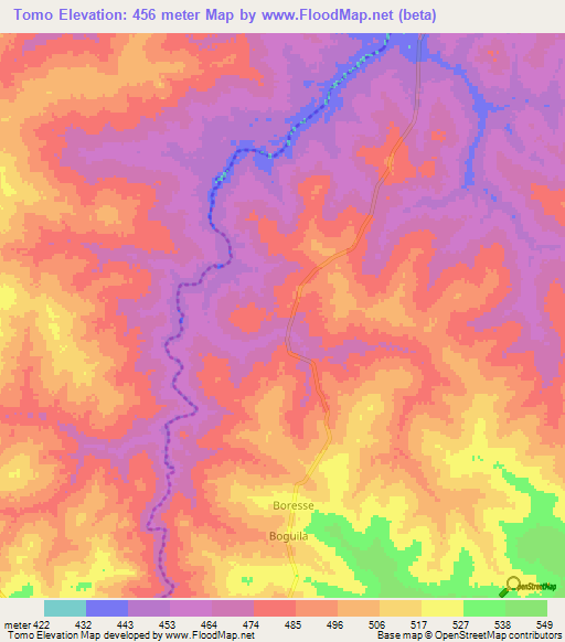 Tomo,Central African Republic Elevation Map