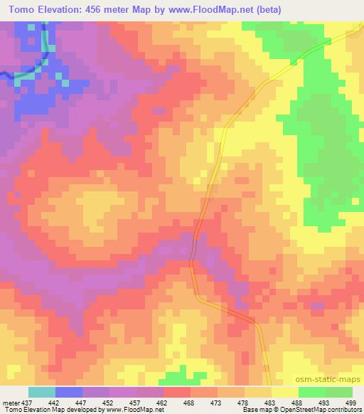 Tomo,Central African Republic Elevation Map